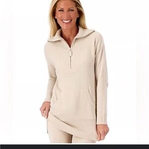 Barefoot Dreams cozychic lite knit mid zip up Camel Cowl Neck pocket Sweater